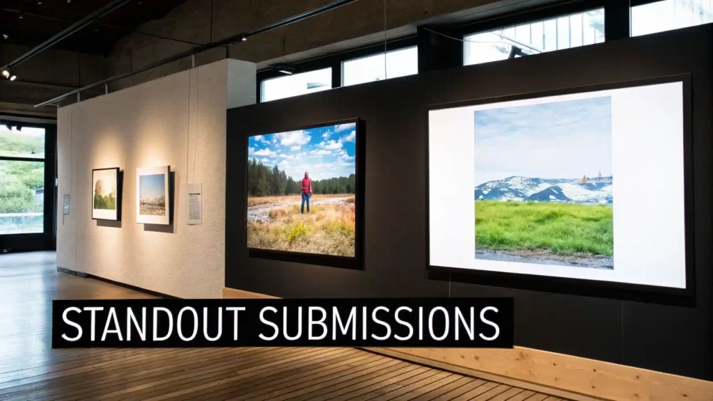 Modern gallery showcasing framed photographs with the text “Standout Submissions,” symbolizing high-quality content submissions, creative excellence, and featured contributor work.