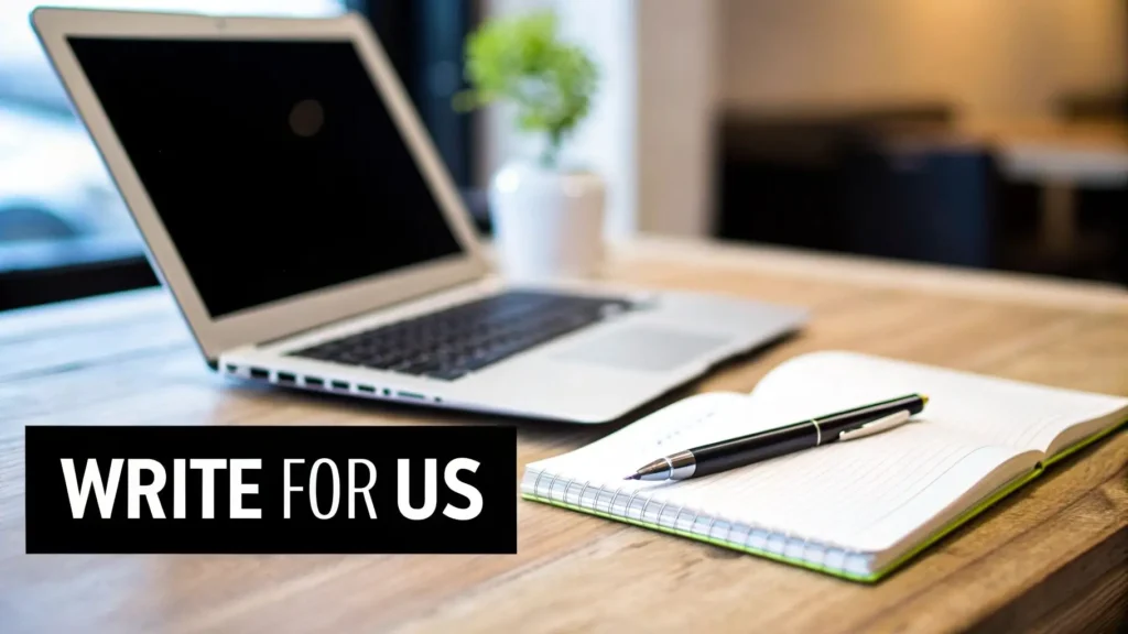 Laptop and notebook on a modern desk with the text “Write for Us,” representing a technology guest post opportunity and content submission invitation.