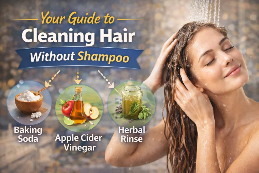 Your Guide to Cleaning Hair Without Shampoo in 2026 Woman washing hair in shower with icons of baking soda, apple cider vinegar, and herbal rinse for cleaning hair without shampoo.