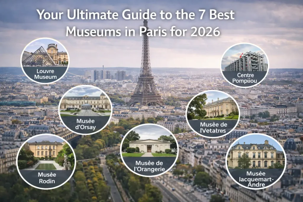 Your Ultimate Guide to the 7 Best Museums in Paris for 2026 Realistic cover image titled “Your Ultimate Guide to the 7 Best Museums in Paris for 2026” showing the Eiffel Tower overlooking Paris, surrounded by highlighted images of top museums including the Louvre, Musée d’Orsay, Centre Pompidou, Musée Rodin, Musée de l’Orangerie, and Musée Jacquemart-André.