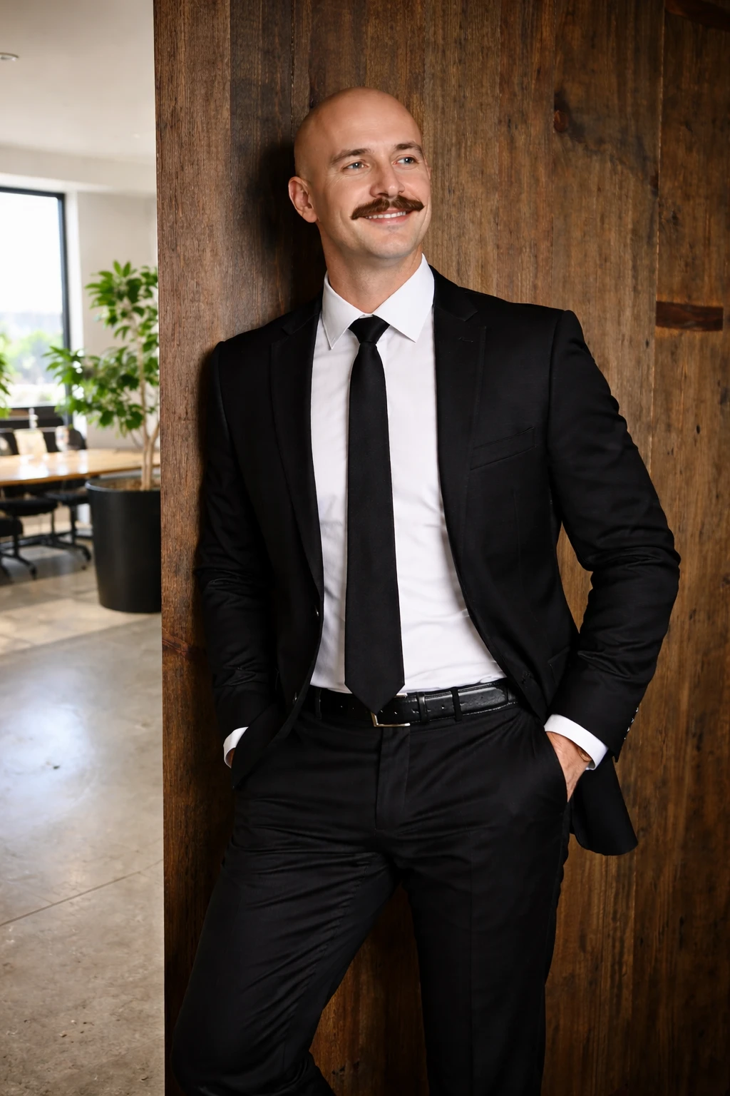 Smiling man with mustache in black suit and tie leaning against wooden wall in modern office.