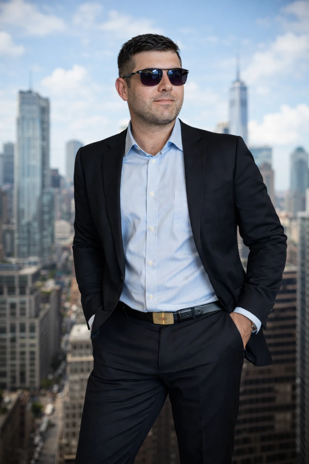 Confident businessman in a black suit and sunglasses standing against a city skyline backdrop, representing corporate leadership, urban success, and modern executive lifestyle.