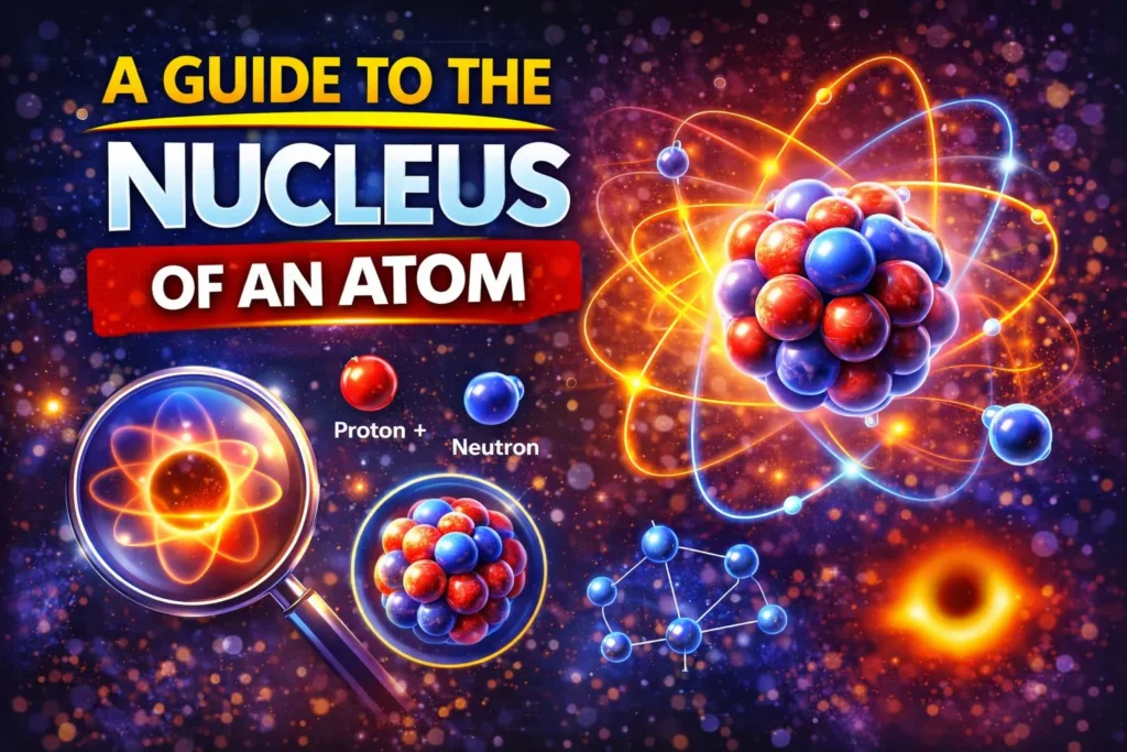Atomic nucleus illustration with protons, neutrons, electrons, and magnified atom diagram explaining nucleus structure and atomic science.