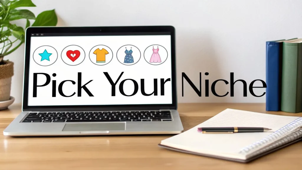Laptop on desk displaying ‘Pick Your Niche’ with icons, notebook and books, illustrating niche selection in affiliate marketing.