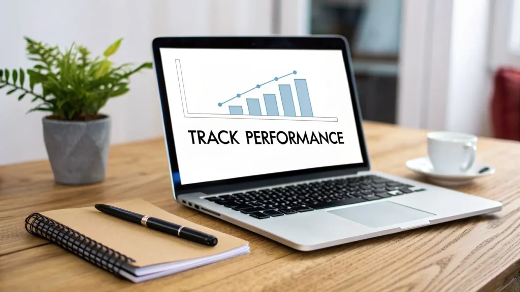 Laptop displaying ‘Track Performance’ with growth chart on desk, illustrating analytics and affiliate marketing performance tracking.