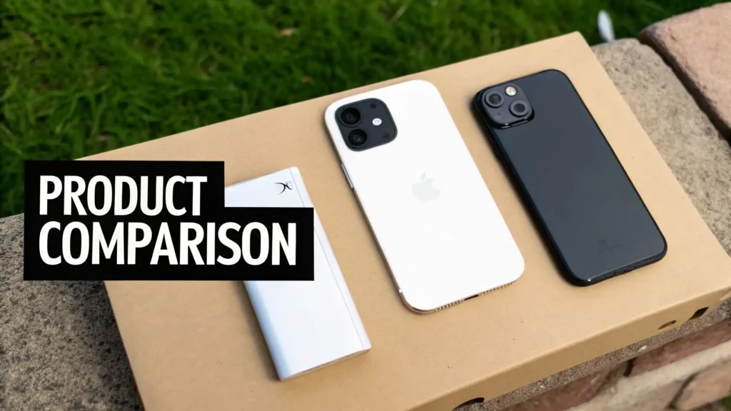 Two smartphones placed side by side with text ‘Product Comparison,’ illustrating tech product review or comparison for buyers.