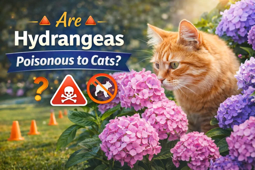 Are Hydrangeas Poisonous to Cats? A Guide for Pet Owners Orange cat sniffing pink hydrangea flowers in a garden with warning icons, thumbnail about whether hydrangeas are poisonous to cats.