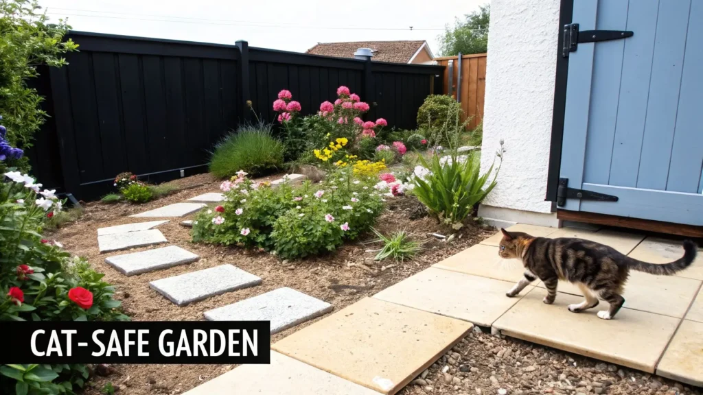 Cat walking through a landscaped backyard garden with flowers and stepping stones, illustrating a cat-safe outdoor garden.