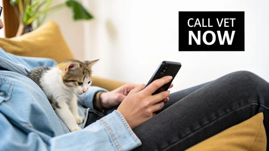 Person holding a kitten and using a phone with text ‘Call Vet Now,’ suggesting contacting a veterinarian for a sick cat.