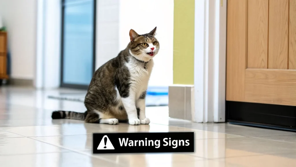 Domestic cat sitting indoors with mouth open, illustrating warning signs of possible plant poisoning in cats.