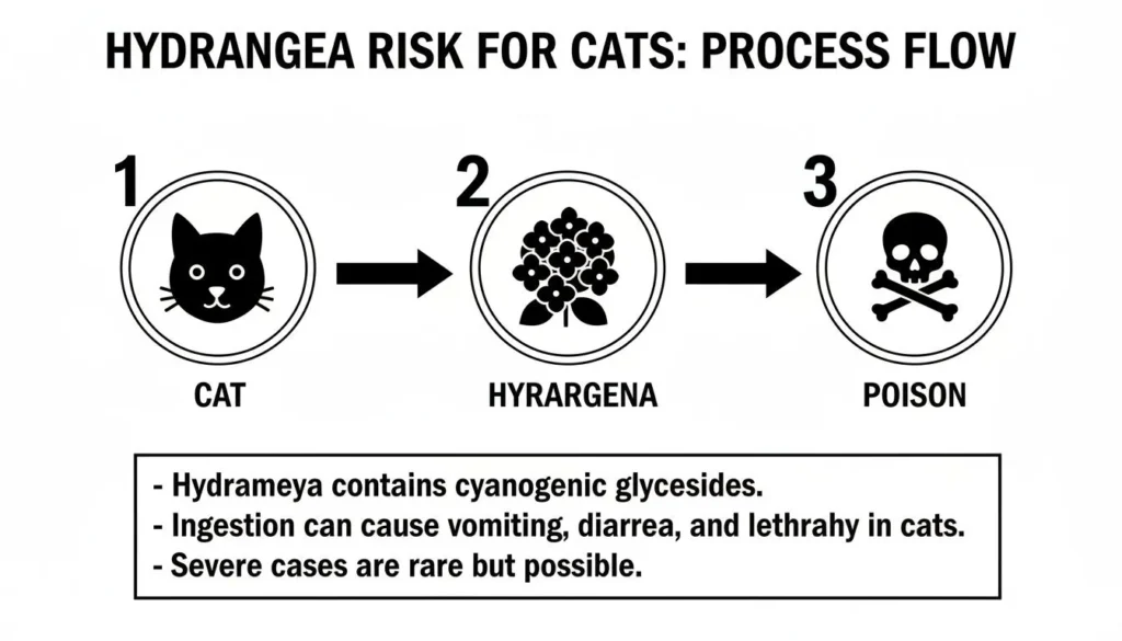 Diagram showing hydrangea toxicity risk for cats, illustrating ingestion leading to poisoning symptoms.
