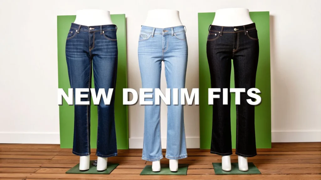 Three mannequins displaying different denim jean fits in dark, light, and black washes labeled ‘New Denim Fits.