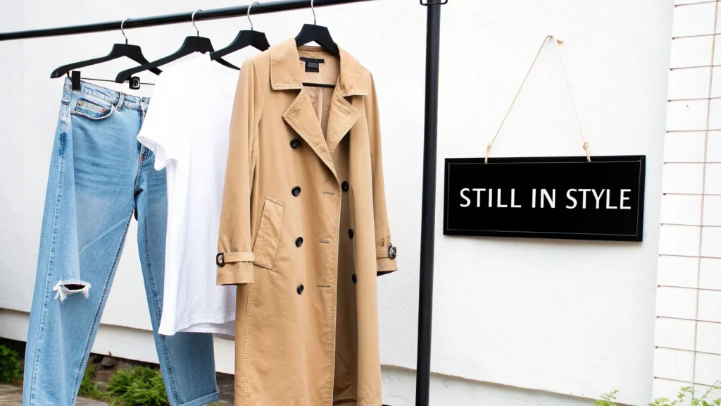 Skinny jeans, white T-shirt, and beige trench coat on a clothing rack with sign ‘Still in Style’ showing classic fashion outfit.