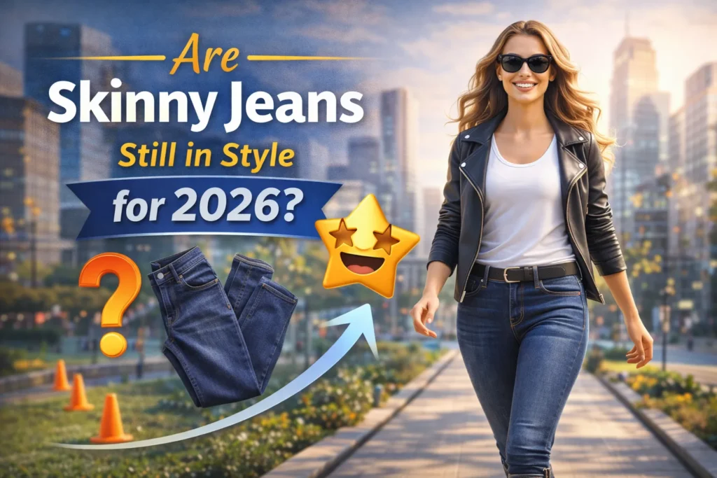Are Skinny Jeans Still in Style for 2026 Woman wearing skinny jeans walking in a city with text asking if skinny jeans are still in style for 2026.