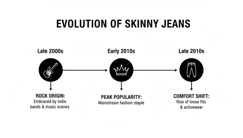 Timeline infographic showing evolution of skinny jeans from late 2000s rock style to early 2010s peak and late 2010s comfort shift.