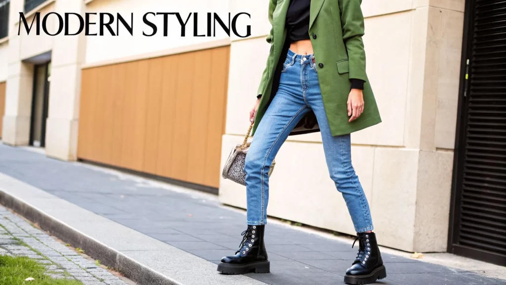 Woman wearing skinny jeans, green coat, and black boots walking in a modern street style fashion outfit.