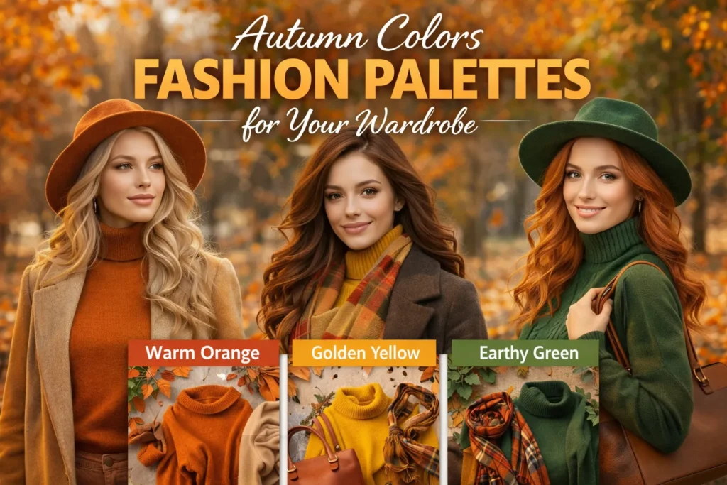 Autumn fashion palette thumbnail with three women in fall outfits and color swatches: warm orange, golden yellow, earthy green