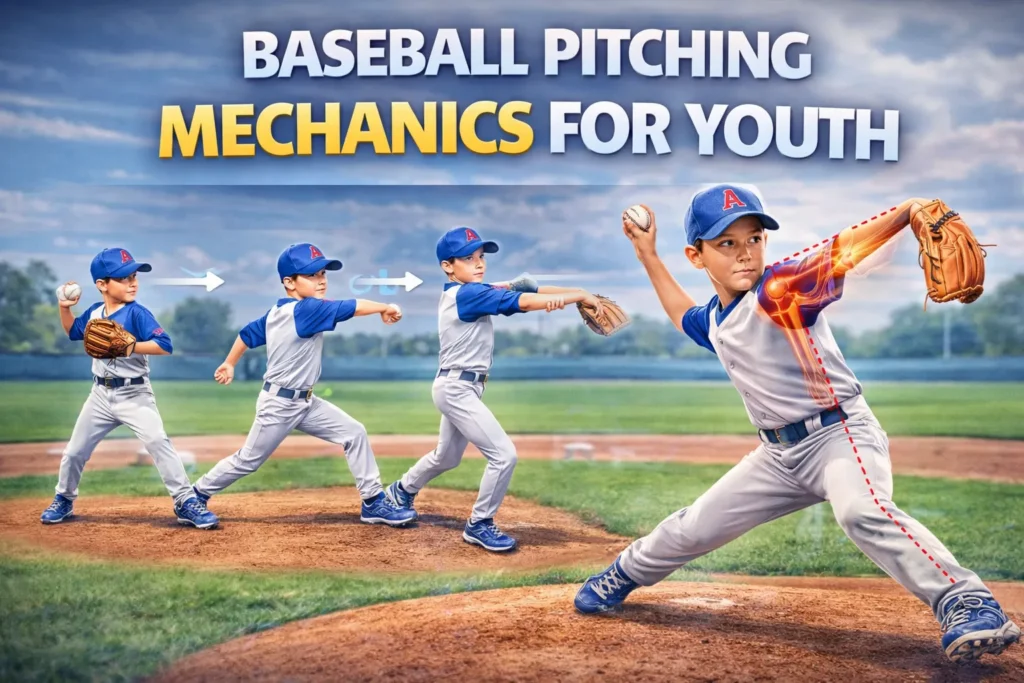 Youth baseball pitching mechanics showing step-by-step motion and arm alignment on a field with young player throwing a pitch.