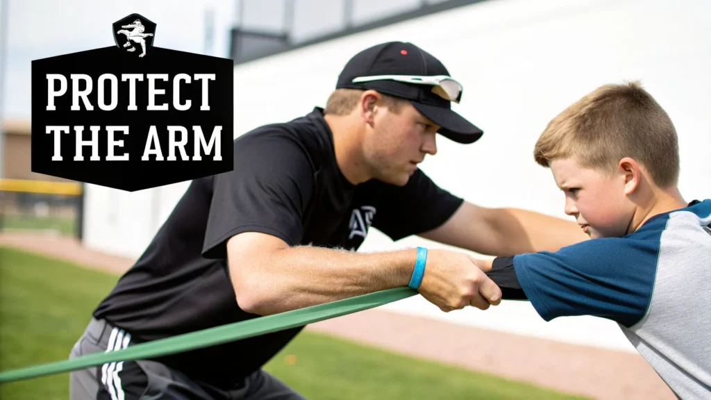 Coach using resistance band to train young player’s arm on field, with text “Protect the Arm”.
