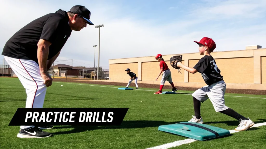 Coach guiding kids through baseball pitching drills on field, with text “Practice Drills”.