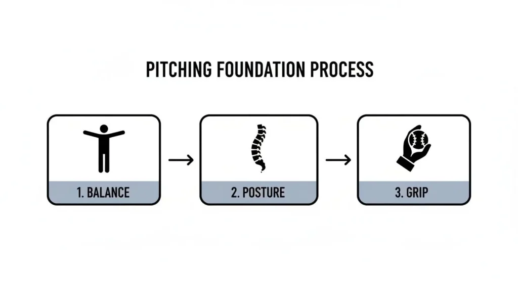 Diagram of pitching foundation process showing steps: balance, posture, and grip for baseball pitching mechanics.