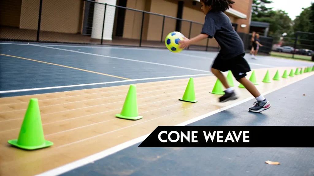 Child running through cones while holding a ball during cone weave drill, illustrating agility training for kids.