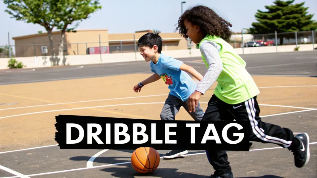 Kids playing dribble tag on outdoor basketball court, practicing dribbling and movement during a fun training drill.