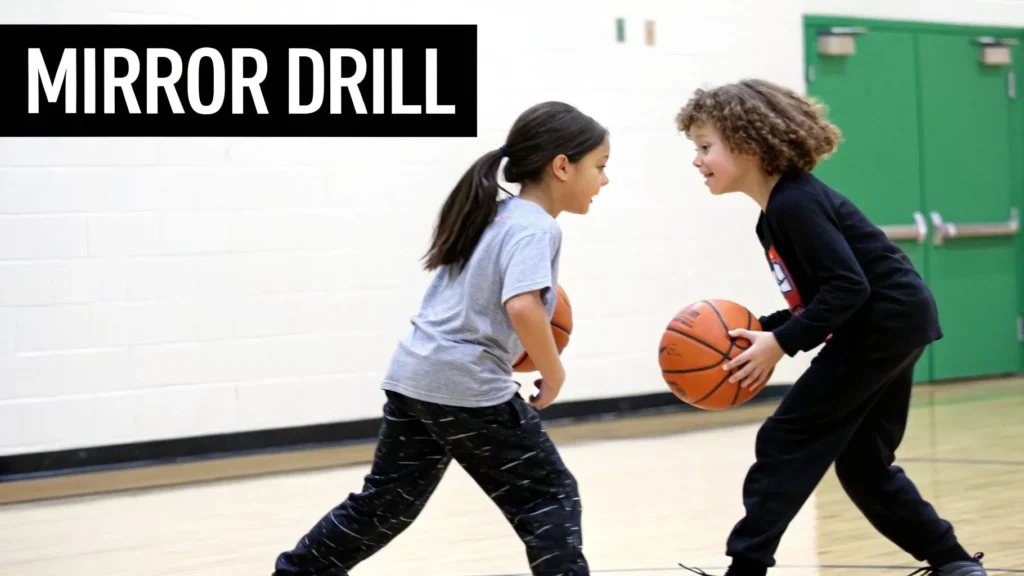 Two kids practicing basketball mirror drill while dribbling and facing each other on an indoor court.
