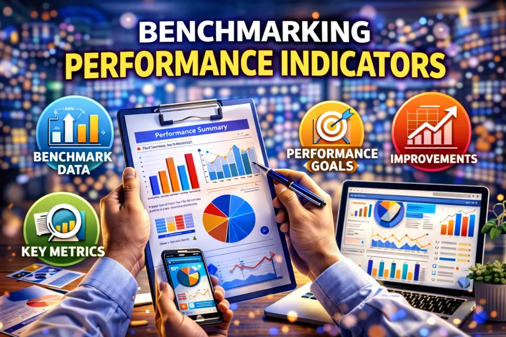 Benchmarking performance indicators thumbnail with charts, graphs, clipboard, laptop, and icons for metrics, goals, and improvements.