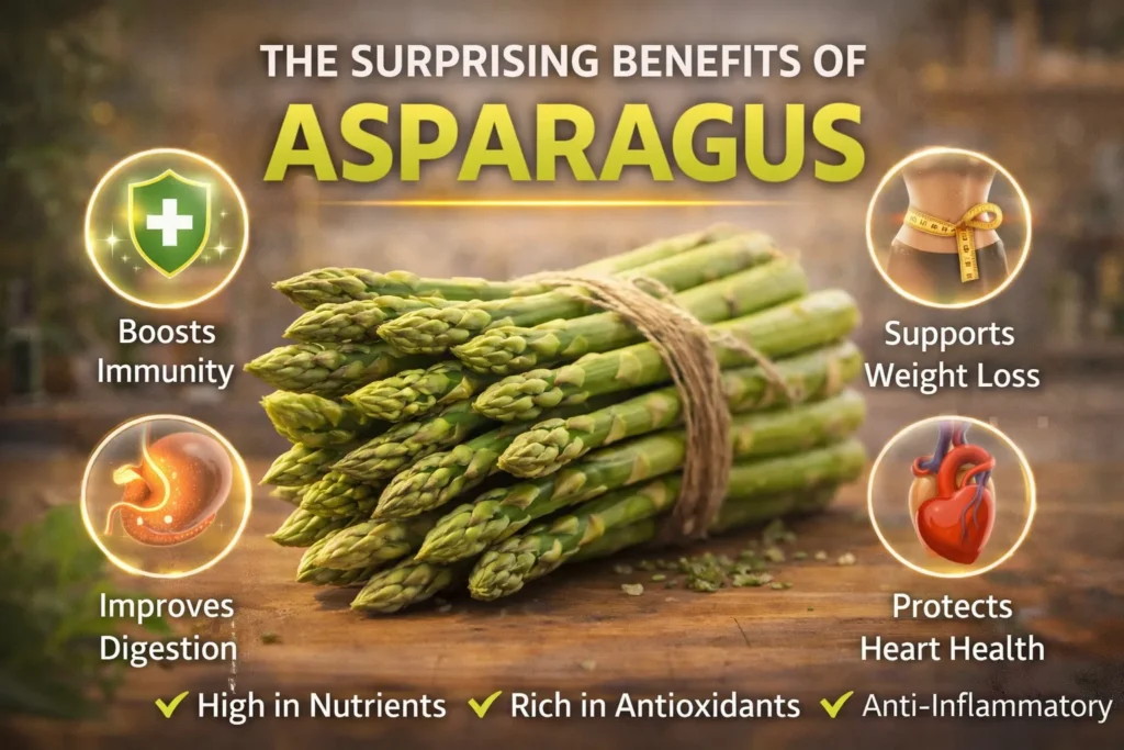 Bundle of fresh asparagus with icons showing health benefits like immunity, digestion, heart health, and weight loss support.