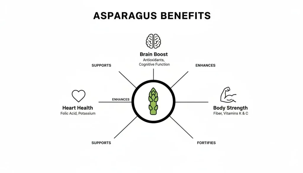 Infographic of asparagus benefits: brain boost, heart health, and body strength with vitamins, antioxidants, and fiber.