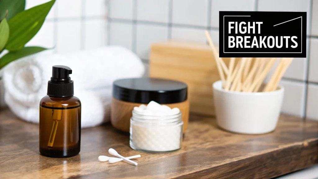 Skincare products, cotton swabs, and jar on bathroom counter with text “Fight Breakouts,” representing natural acne treatment.