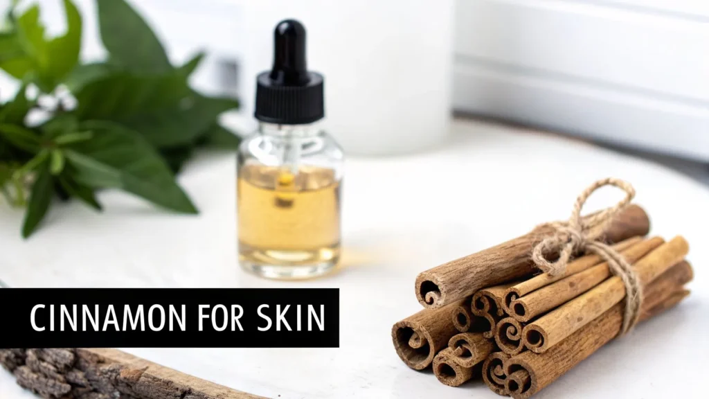 Cinnamon sticks and essential oil bottle on table with text “Cinnamon for Skin,” representing natural skincare ingredients.
