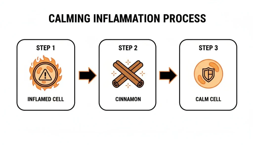 Infographic showing cinnamon calming skin inflammation: inflamed cell → cinnamon treatment → calm cell.