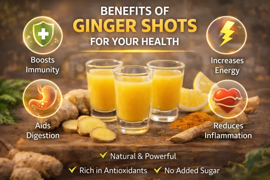 Ginger shots with fresh ginger and lemon, surrounded by icons showing benefits like immunity, digestion, energy, and inflammation reduction.