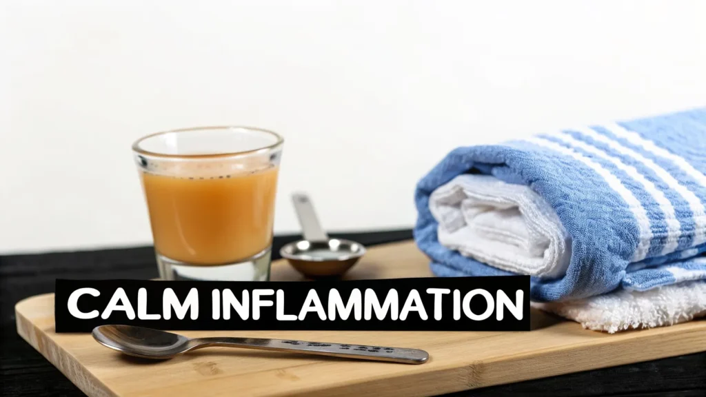 Unpacking the Benefits of Ginger Shots for Your Health Ginger shot in a glass on a wooden board with spoon and folded towels, text “Calm Inflammation” displayed.