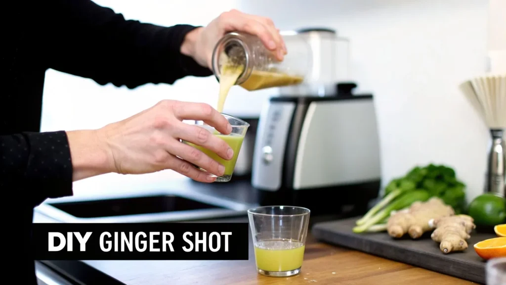 Unpacking the Benefits of Ginger Shots for Your Health Person pouring fresh ginger shot into a glass in a kitchen with blender and ingredients, text “DIY Ginger Shot”.