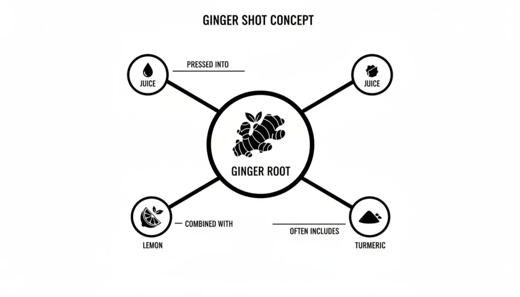 Unpacking the Benefits of Ginger Shots for Your Health Infographic of ginger shot concept showing ginger root, juice extraction, lemon combination, and turmeric as common ingredient.