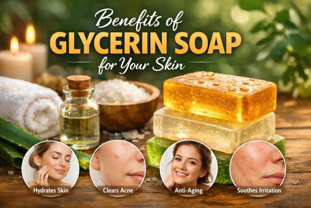 Stacked translucent glycerin soap bars with natural ingredients and skincare benefits icons like hydration, acne relief, anti-aging, soothing irritation