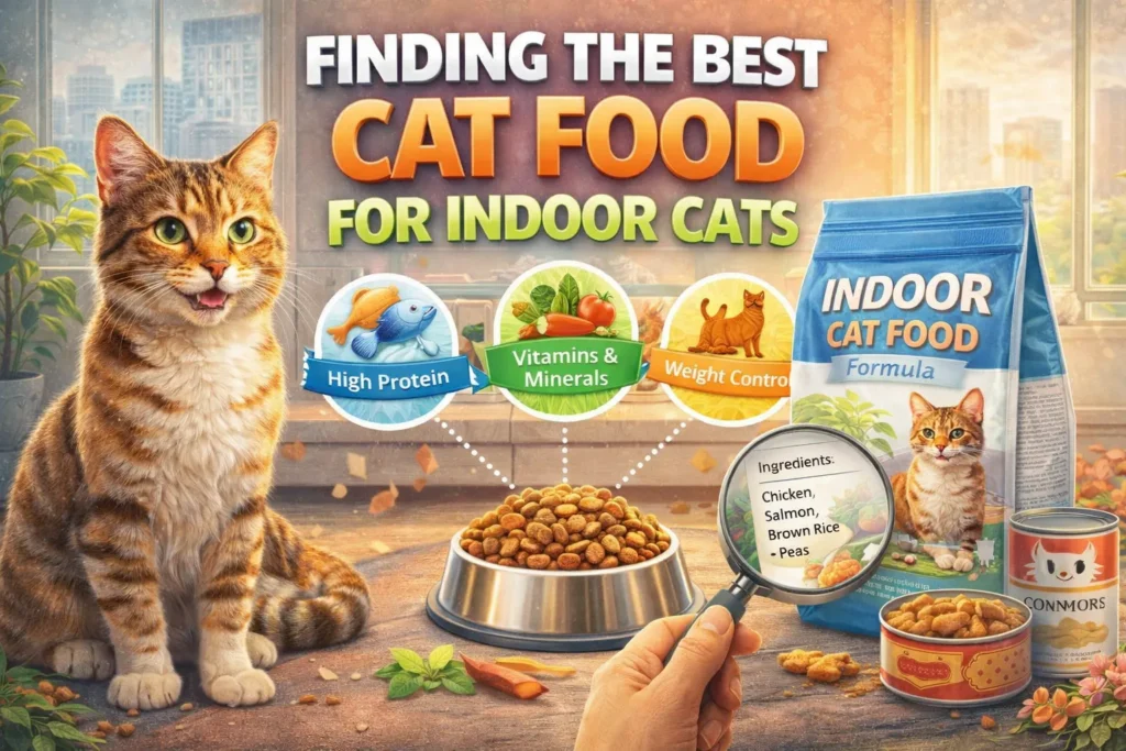 Finding the Best Cat Food for Indoor Cats in 2026 Indoor cat food guide thumbnail showing cat, kibble bowl, food bags, and icons for protein, vitamins, and weight control.