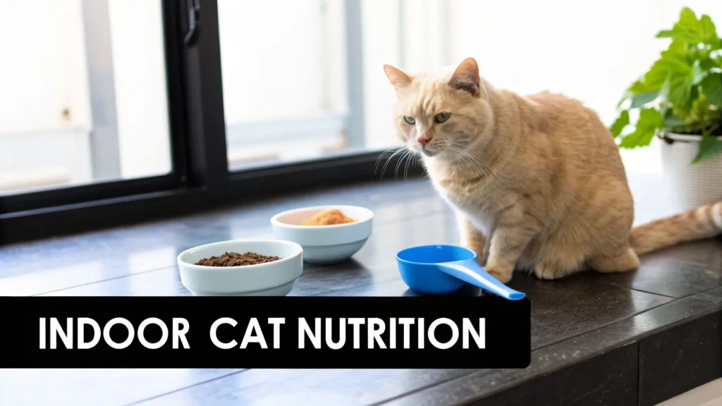 Indoor cat sitting by bowls of wet and dry food, labeled “Indoor Cat Nutrition,” highlighting feeding and diet for cats.