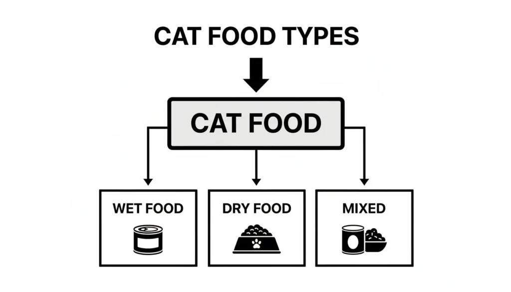 Infographic of cat food types: wet, dry, and mixed options branching from cat food category.