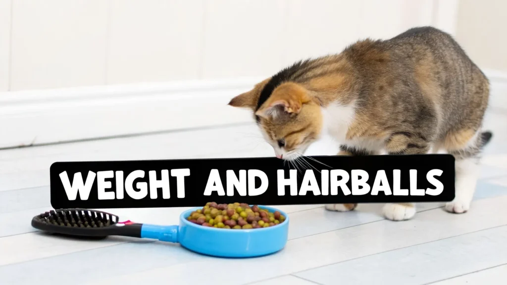 Cat eating kibble beside grooming brush, illustrating weight control and hairball management for indoor cats.