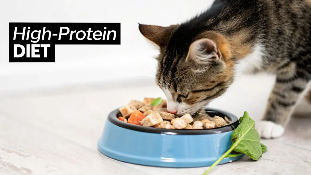 Cat eating from bowl with meat and kibble, labeled “High-Protein Diet,” emphasizing protein-rich nutrition for cats.