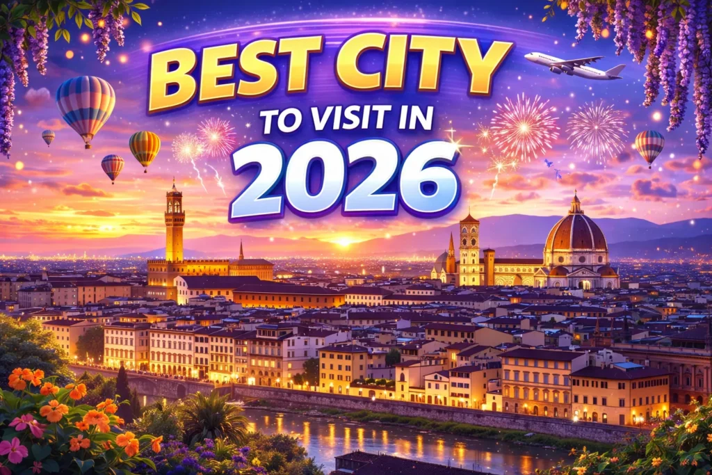 Florence skyline at sunset with cathedral and river, with text “Best City to Visit in 2026” and festive elements