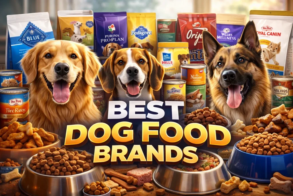 Best Dog Food Brands Recommended by Vets for 2026 Three happy dogs in front of bowls and various dog food brands, with bold text “Best Dog Food Brands” in center.