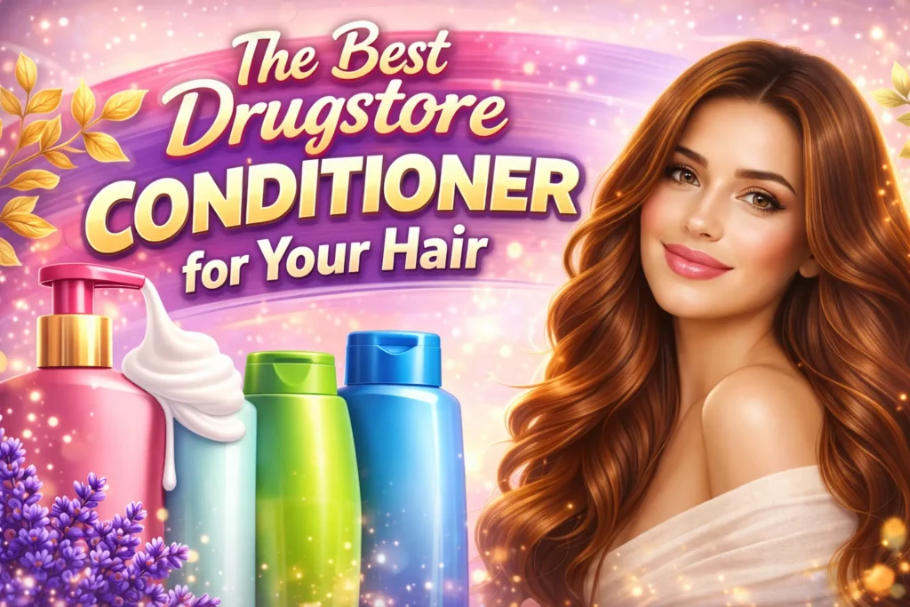 Woman with long shiny hair beside colorful conditioner bottles, with text “Best Drugstore Conditioner for Your Hair”