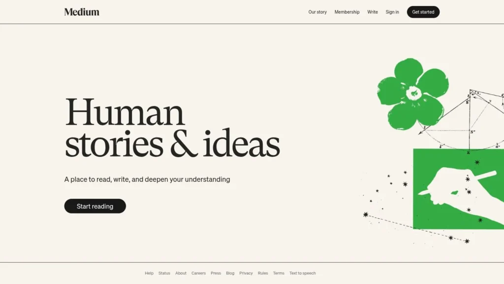 Medium homepage with headline “Human stories & ideas,” promoting a platform to read and write articles online.
