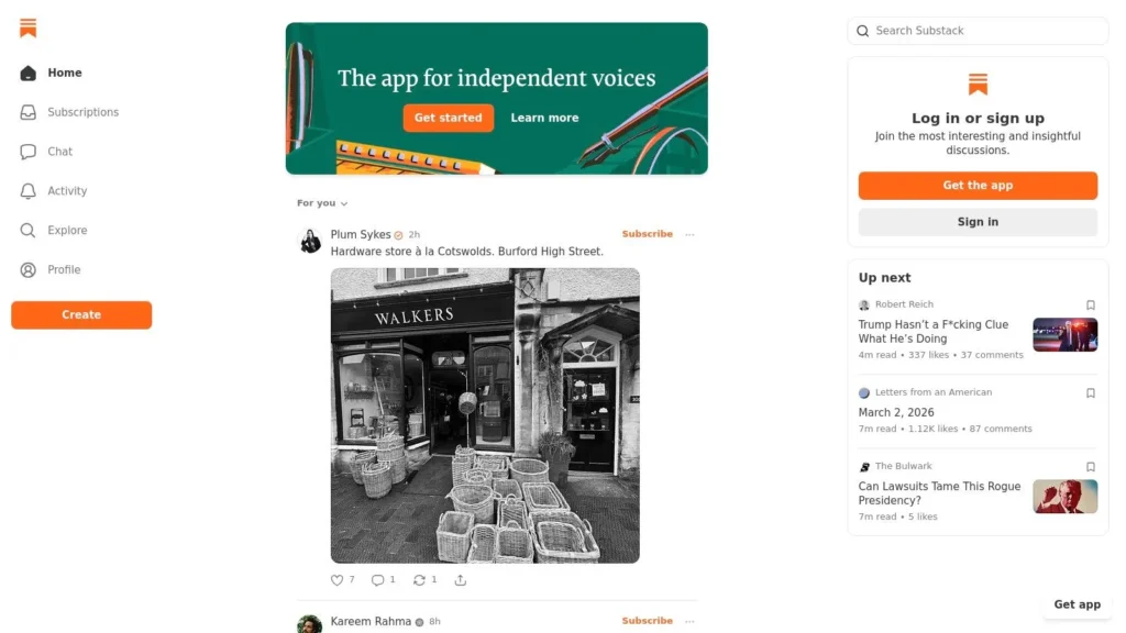 Substack homepage showing feed of posts, sidebar menu, and banner promoting the app for independent writers and newsletters.