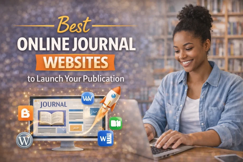 African woman typing on laptop with icons of blogging platforms and rocket launch, thumbnail about best online journal websites.